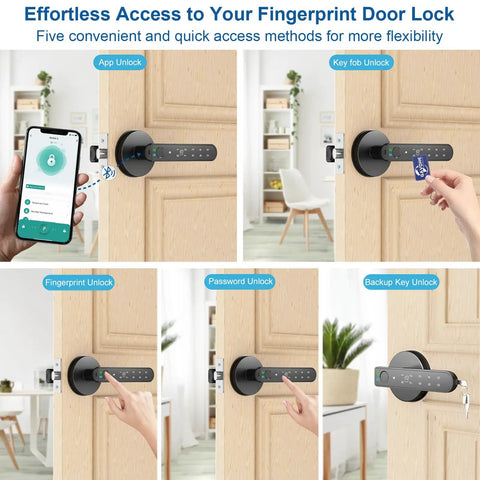 Fingerprint Smart Door Lock With Keypad For Keyless Entry 4 In 1 Knob Tuya Compatible; shown with multiple unlocking methods.