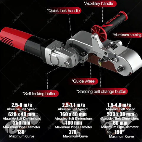 Heavy Duty 1100 Watt Pipe Belt Sander Built For Gritty Metal Pipe Grinding And Steel Polish Jobs With Six Adjustable Speeds For Crisp Clean Finishes Fast showing quick lock handle and aluminum housing.