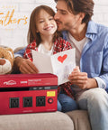 2000W Car Power Inverter 12V To 110V AC Converter With 4000 Watt Surge shown with father and daughter on a sofa.