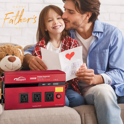 2000W Car Power Inverter 12V To 110V AC Converter With 4000 Watt Surge shown with father and daughter on a sofa.