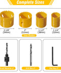 Bi-Metal Hole Saw Kit 7-Piece Set With Mandrels And Bits showing sizes of 32mm to 54mm and included mandrel, drill bits, hex key