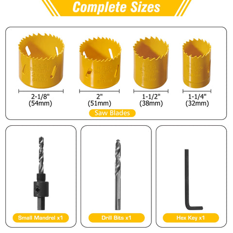 Bi-Metal Hole Saw Kit 7-Piece Set With Mandrels And Bits showing sizes of 32mm to 54mm and included mandrel, drill bits, hex key