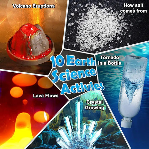 Kids Science Lab Kit With Seventy Plus Experiments A Fun Kid Friendly Chemistry Set For Boys And Girls, showcasing Earth science activities like volcano eruptions and crystal growth.