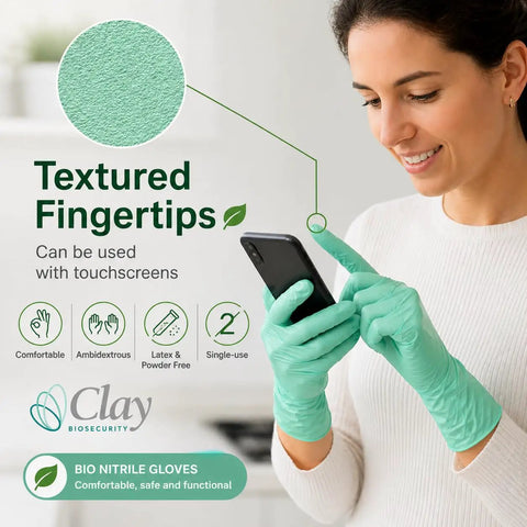 Kickass Sustainable Nitrile Gloves In Vibrant Green being used on a smartphone, showcasing textured fingertips and ambidextrous design.