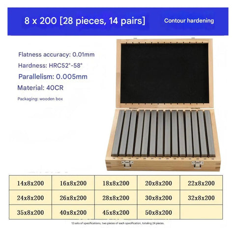 Professional Grade Alloy Steel Parallel Gauge Block Set Including Fourteen Pairs Of CNC Milling Pads For Router And Table Saw Alignment in wooden box.