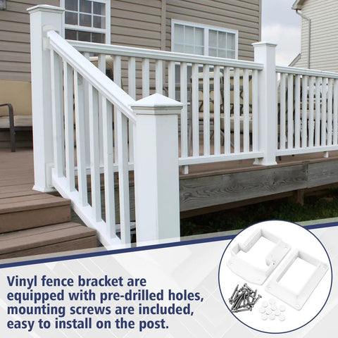 Vinyl Fence Railing Bracket Kit With Screws For 2x3.5 Inch Rails, Straight Porch And Deck Railing Brackets, White Finish, Easy Install, Includes Two T-Shaped Brackets, Two Standard Brackets, Self Drilling Screws, PVC Hole Plugs