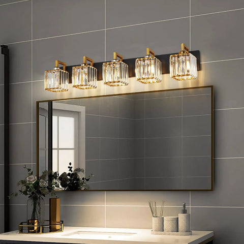 Five Light Black Modern Crystal Vanity Wall Lamp for bathroom, sleek contemporary sconce with dazzling crystal accents