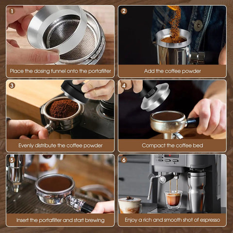 Steps to using 54mm Espresso Accessories Kit with dosing funnel, coffee distributor, and tamper for Breville 54mm machines.