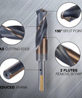 Reduced Shank Drill Bits Set, 8 Pc Deming Large HSS Cobalt M2 Bits In Aluminum Index Case, 135-Degree Split Point showing design features.