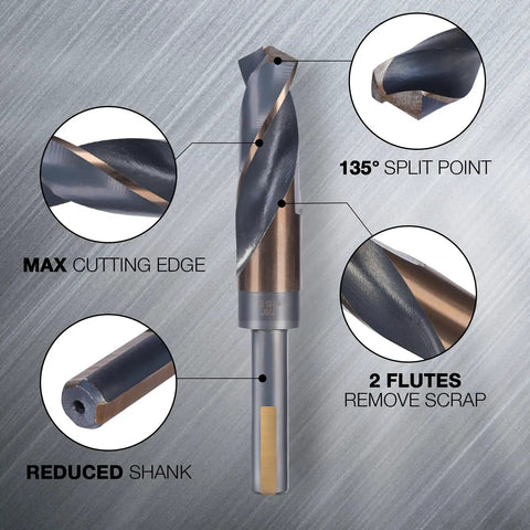 Reduced Shank Drill Bits Set, 8 Pc Deming Large HSS Cobalt M2 Bits In Aluminum Index Case, 135-Degree Split Point showing design features.