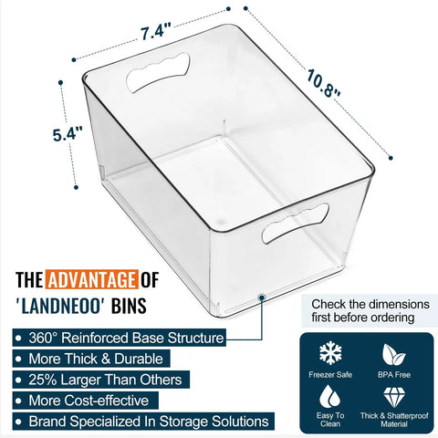Bulk Clear Storage Bins Set Of 12 With Durable Handles And Blank Labels For Stackable Plastic Pantry Organization, 10.8x7.4x5.4in, BPA free.
