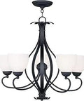 Brookside Five Light Chandelier In Black Finish with opal glass, sleek design, ideal for transitional style interiors.