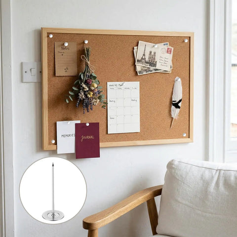 Extra Long Hardcore Upholstery Nails With Bulletproof Hold And Flat Head Furniture Tacks For Sofa Wood Trim Craft Projects Large Metal Push Pins Silver Finish Set pinned to a cork board with notes.