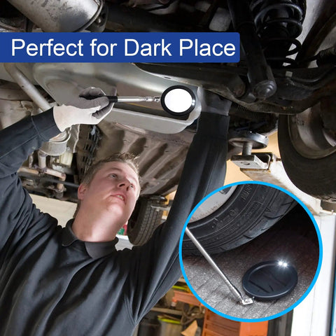 Mechanic using Telescoping Inspection Mirror With LED Light And 3.75 Inch Round Mirror to inspect under a vehicle.