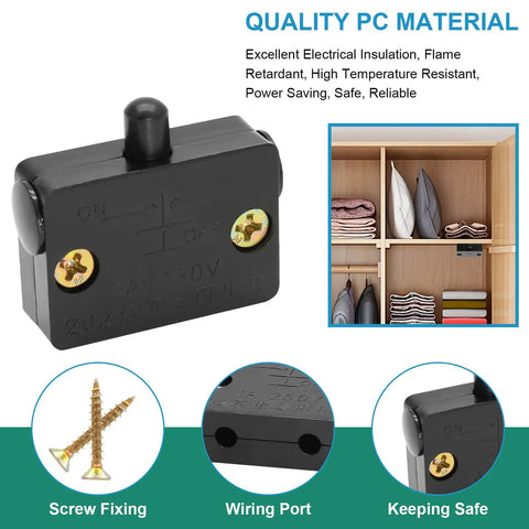 Close-up of Black Cabinet Lamp Switch 2 Pack Automatic Door Light Switch with sample wardrobe installation, screws, wiring ports