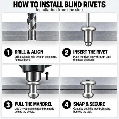 Installation guide for Pack Of 100 Painted Dome Head Pop Rivets 5/32 Inch By 5/16 Inch Aluminum Bodies Steel Mandrels.