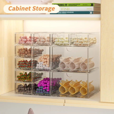 Clear Stackable Drawer Set 12 Pack In 3 Sizes Modular Acrylic Organizer for organizing small items in a cabinet