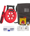 Built Tough Wireless Stud Finder And Wall Scanner with red detection unit, roll, accessories, and instruction manual.
