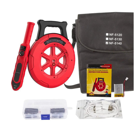 Built Tough Wireless Stud Finder And Wall Scanner with red detection unit, roll, accessories, and instruction manual.