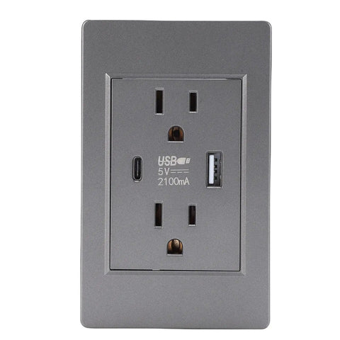 Heavy Duty Grey Decorator Wall Outlet With Built In Usb And Type C Ports Solid As A Rock Design No Sweat Install For Kitchen Bathroom Home Office Commercial Setup Ready Quick Fix Up.
