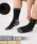 Person wearing black Merino Wool Hiking Crew Socks For Men And Women, Thick Cushioned Anti Blister, Moisture Wicking, Seamless Fit.