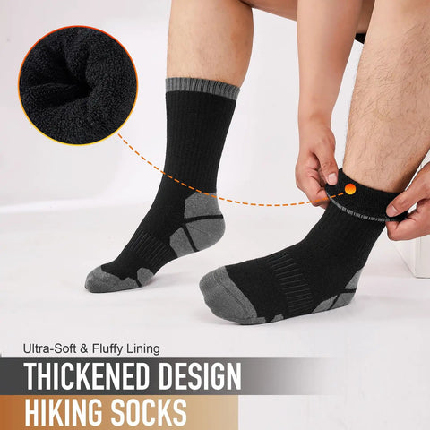 Person wearing black Merino Wool Hiking Crew Socks For Men And Women, Thick Cushioned Anti Blister, Moisture Wicking, Seamless Fit.