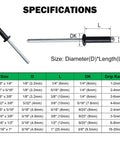 100 Pack Aluminum Blind Rivets 1/8 by 1/4 Inch Open End 3.2 x 6mm Black Pop Rivets with size specifications chart