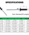 Specifications of 100 Pack Aluminum Blind Rivets 1/8 Inch by 5/16 Inch Pop Rivets Black Finish 3.2 x 8 mm Grip Range 2-4 mm