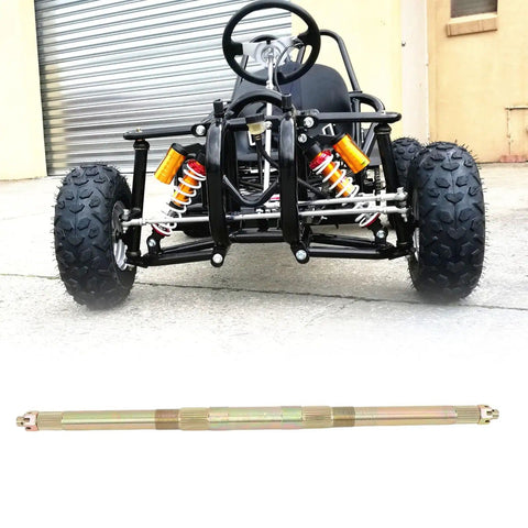 24 Inch Go Kart Rear Live Axle Assembly With 610mm Steel Alloy Shaft And 23T End And 28T Center Sprockets For ATV Quad Drift Trike DIY Performance Heavy Duty Rear Axle Wide Vehicle Compatibility shown with go kart