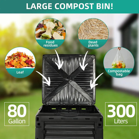80 Gallon Outdoor Compost Bin With Top Flip Lid BPA Free Large Garden Composter For Kitchen And Yard Scraps Easy Assembly