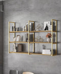 Beast Mode 3 Tier Floating Shelf Brackets Industrial Wall Mount Hardware For Ceiling Install Heavy Duty Storage Support Rack in gold.