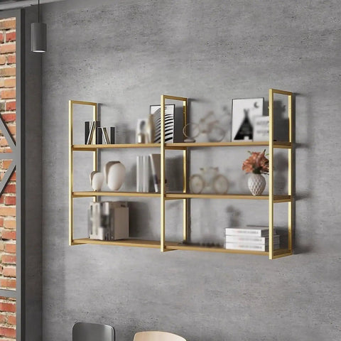 Beast Mode 3 Tier Floating Shelf Brackets Industrial Wall Mount Hardware For Ceiling Install Heavy Duty Storage Support Rack in gold.