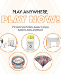 Various Bownet portable sports nets, goals, training systems, balls, and accessories for outdoor play displayed on a white background.
