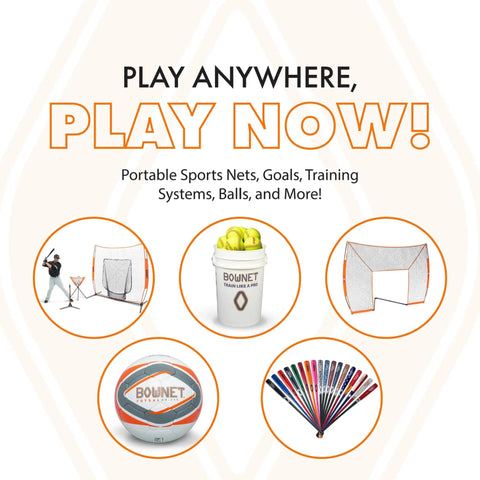 Various Bownet portable sports nets, goals, training systems, balls, and accessories for outdoor play displayed on a white background.