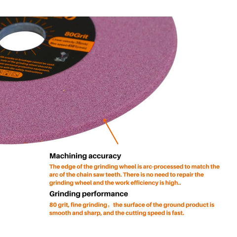 Heavy Duty Chainsaw Sharpener Grinding Wheel With Premium Chrome Oxide Abrasive For Universal Saw Chain Sharpeners To Nail High Speed Steel Teeth Smooth As Butter 3/16 Inch Thick By 5 3/4 Inch Diameter close up of grinding wheel showing 80 grit surface detail.