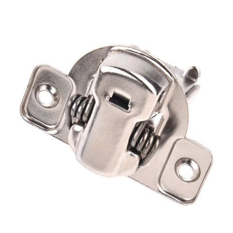 Nickel Plated Soft Close Cabinet Hinges With Half Inch Overlay Ten Pack Includes Mounting Screws And Hardware, front view of hinge