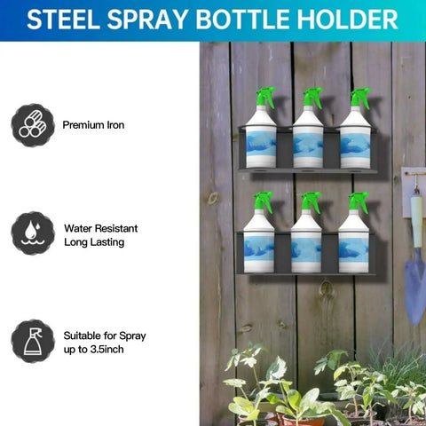 Solid Two Pack Aerosol Bottle Holder Wall Mount For Spray Cans Beefy Steel Storage Rack shows two-tier design holding four spray cans.
