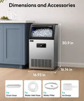 Straight Up Solid Commercial Ice Maker Makes 120 Lbs Daily Under Counter Design With A 33 Lb Storage Bin, accessories and dimensions.