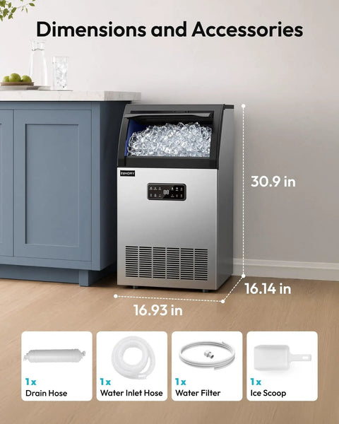 Straight Up Solid Commercial Ice Maker Makes 120 Lbs Daily Under Counter Design With A 33 Lb Storage Bin, accessories and dimensions.
