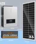 No Hassle Complete Off Grid Solar Power Kit Featuring Smart App Control Six 200W Premium Panels 3600W Inverter And 120A MPPT Controller, showing 6 solar panels and battery dimensions.