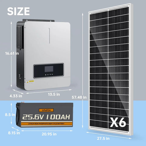 No Hassle Complete Off Grid Solar Power Kit Featuring Smart App Control Six 200W Premium Panels 3600W Inverter And 120A MPPT Controller, showing 6 solar panels and battery dimensions.