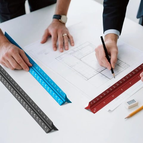 Architects using 12 Inch Triangular Architect Scale Ruler For Drafting And Blueprints Aluminum Alloy Pro Grade Tool With Six Scales on plans