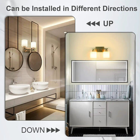 Dope Vanity Light Fixture Over Mirror in Brushed Nickel With Modern Two Light Wall Sconces, White Glass Shades; Up and Down Installation
