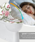 Elongated Resin Toilet Seat for Bathroom with floral design, measuring 14.5" x 18.5", featuring quiet closing mechanism.