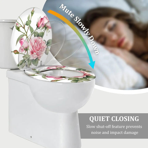 Elongated Resin Toilet Seat for Bathroom with floral design, measuring 14.5" x 18.5", featuring quiet closing mechanism.