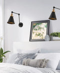 Industrial Style LED Wall Sconce With Adjustable Swing Arm Black And Brass Gold Metal Shade Bedside Reading Light
