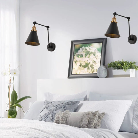 Industrial Style LED Wall Sconce With Adjustable Swing Arm Black And Brass Gold Metal Shade Bedside Reading Light