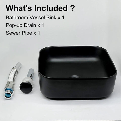 Square Vessel Bathroom Sink 15 By 15 Inches Black Ceramic Vanity Basin With Pop Up Drain Above Counter Modern Vessel Sink For A Sleek Contemporary Bathroom Upgrade with included components.