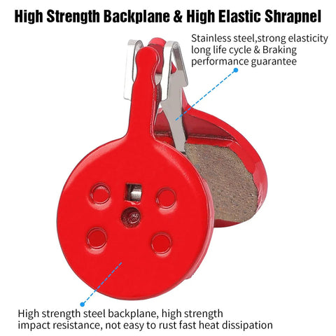 Close-up of high-strength red disc brake pad from Four Pairs Disc Brake Pads Kit For Mountain Bikes With Tools Compatible With Mechanical BB5 MTB Systems Fits Merida Duke And Ebike Includes Gap Regulator Piston Press Tool And Hex Wrench For Easy Installation, showing steel backplane and elastic shrapnel for durability.