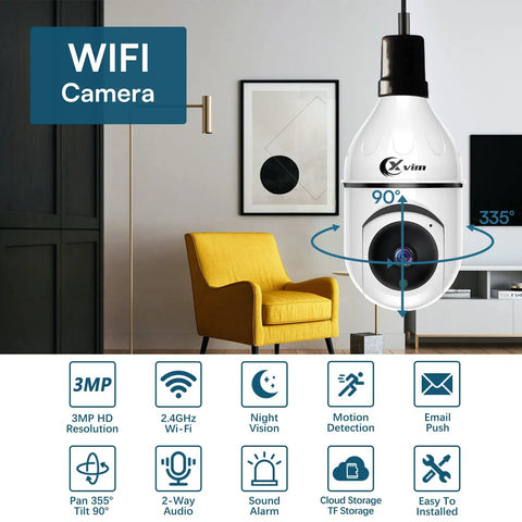 Wireless WiFi Light Bulb Camera 3MP Security Camera With 360 Degree Pan Tilt For Indoor And Outdoor Surveillance in living room